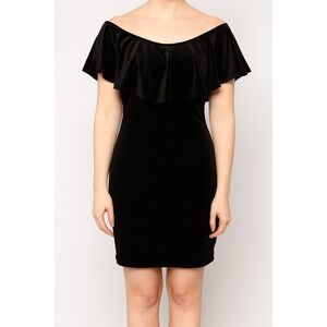 Forever 21 Black Velvet Ruffle Off‎ Shoulder Bodycon Mini Dress - M